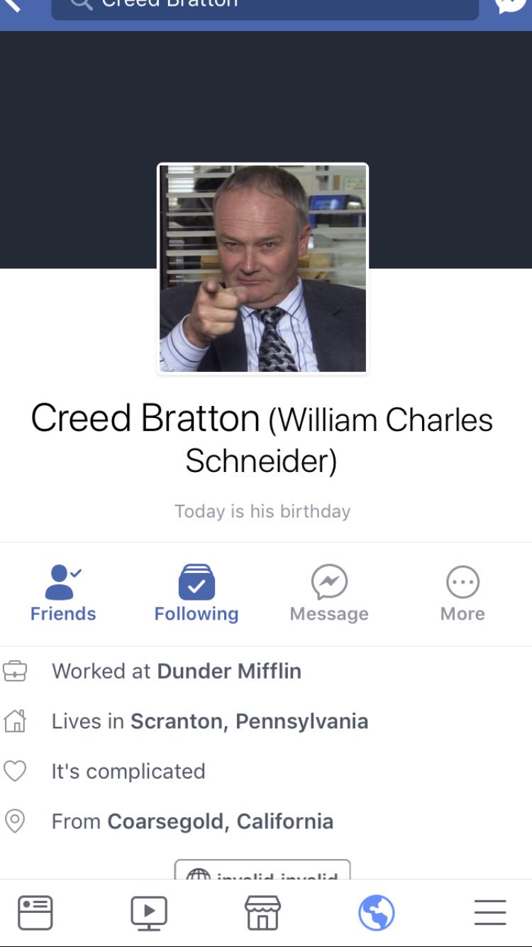 Randomly log onto Facebook and see I m friends with Creed Bratton? Anyway Happy Birthday Creed!! 