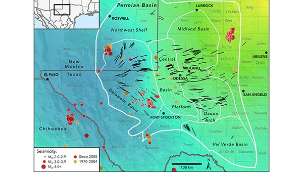 StanfordEnergy's tweet image. Seismic stress map profiles earthquake risk for Permian Basin. Will guide where not to #frack for oil and #gas. After helping solve Oklahoma #earthquake mystery, Stanford researchers help avoid problems in  West Texas and New Mexico: news.stanford.edu/2018/02/08/sei…