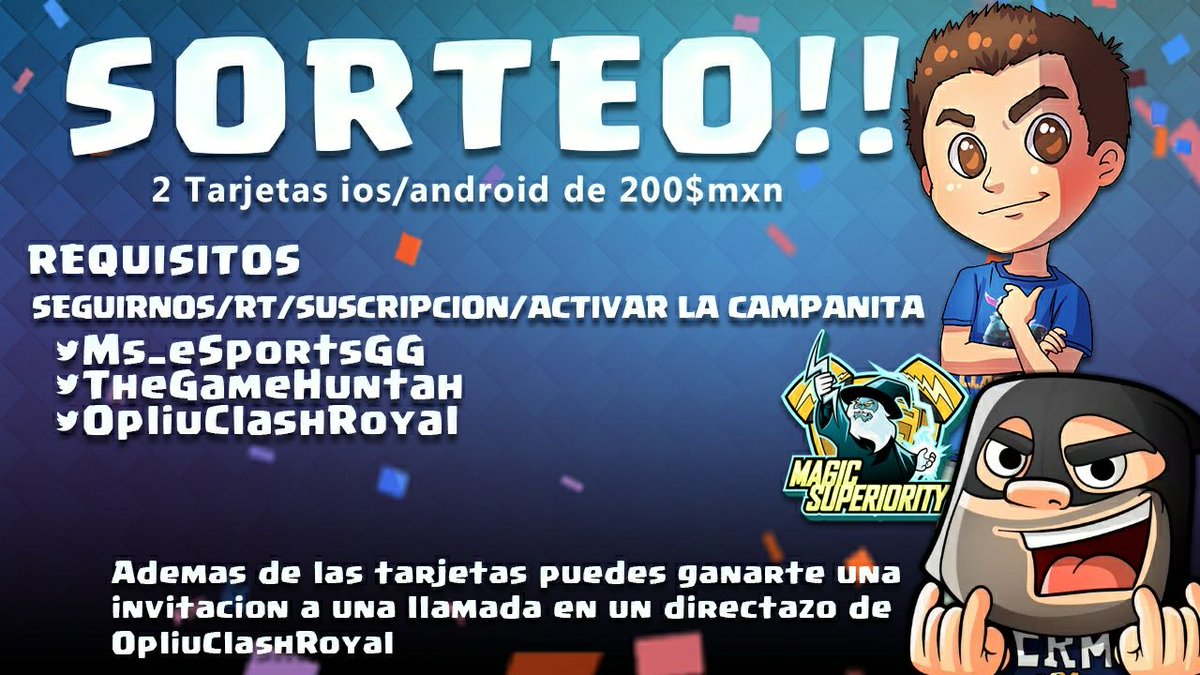 VERDUGAMERS's tweet photo. 🦁MAGNO EVENTAZO🦁 
RIFA DE 🦁2 🦁TARJETAS IOS O ANDROID
DE $200 MX  (EQUIVALE A 1200 GEMAS C/U)
REQUISITO OBLIGATORIO
FOLLOW/RT Y SUBSCRIPCION CON🛎️ A
👇👇👇👇
@TheGameHuntah 
https://t.co/Gc4JghQHWJ
@OPLIUCLASHROYAL 
https://t.co/UqIYfyiVbb
@MS_eSportsGG 

TERMINA SABADO 17 https://t.co/0WKNAUxMNI