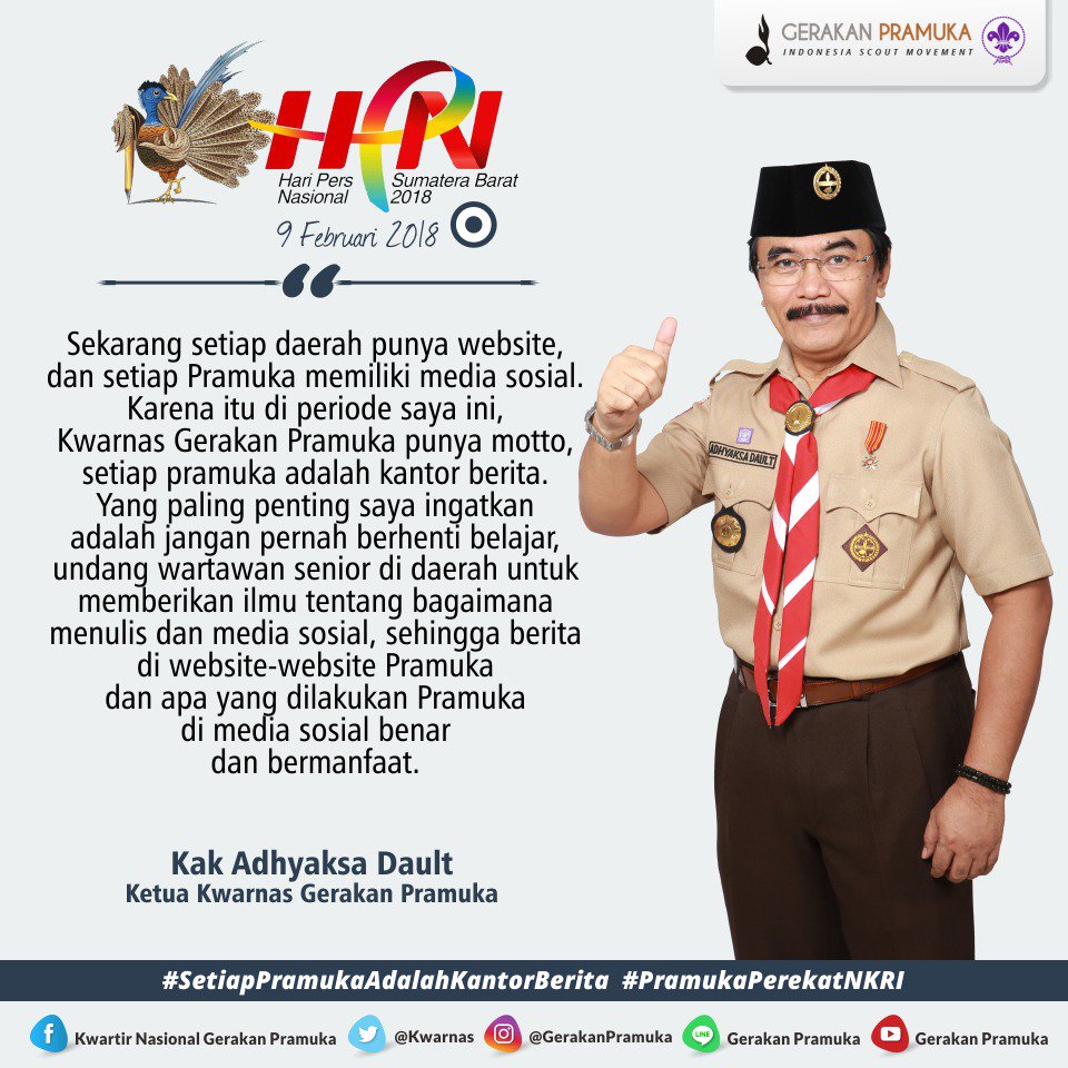AdhyDault's tweet photo. Mari doakan agar Kakak2 kita seluruh wartawan di Indonesia sehat, panjang umur dan terus memberikan informasi, berita yg benar dan bermanfaat. Tugas Kakak2 wartawan berat, doa kita diperlukan. Selamat subuh, selamat Hari Pers Nasional, 9 Feb 2018. Salam Pramuka https://t.co/2SBs8OSD0d