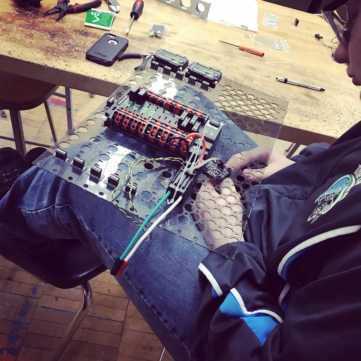 Chimeras1684's tweet photo. Electrical board with patent pending “Thunderholes” via Ryan. 
#buildseason #firstpowerup https://t.co/yCv3jCTWdW