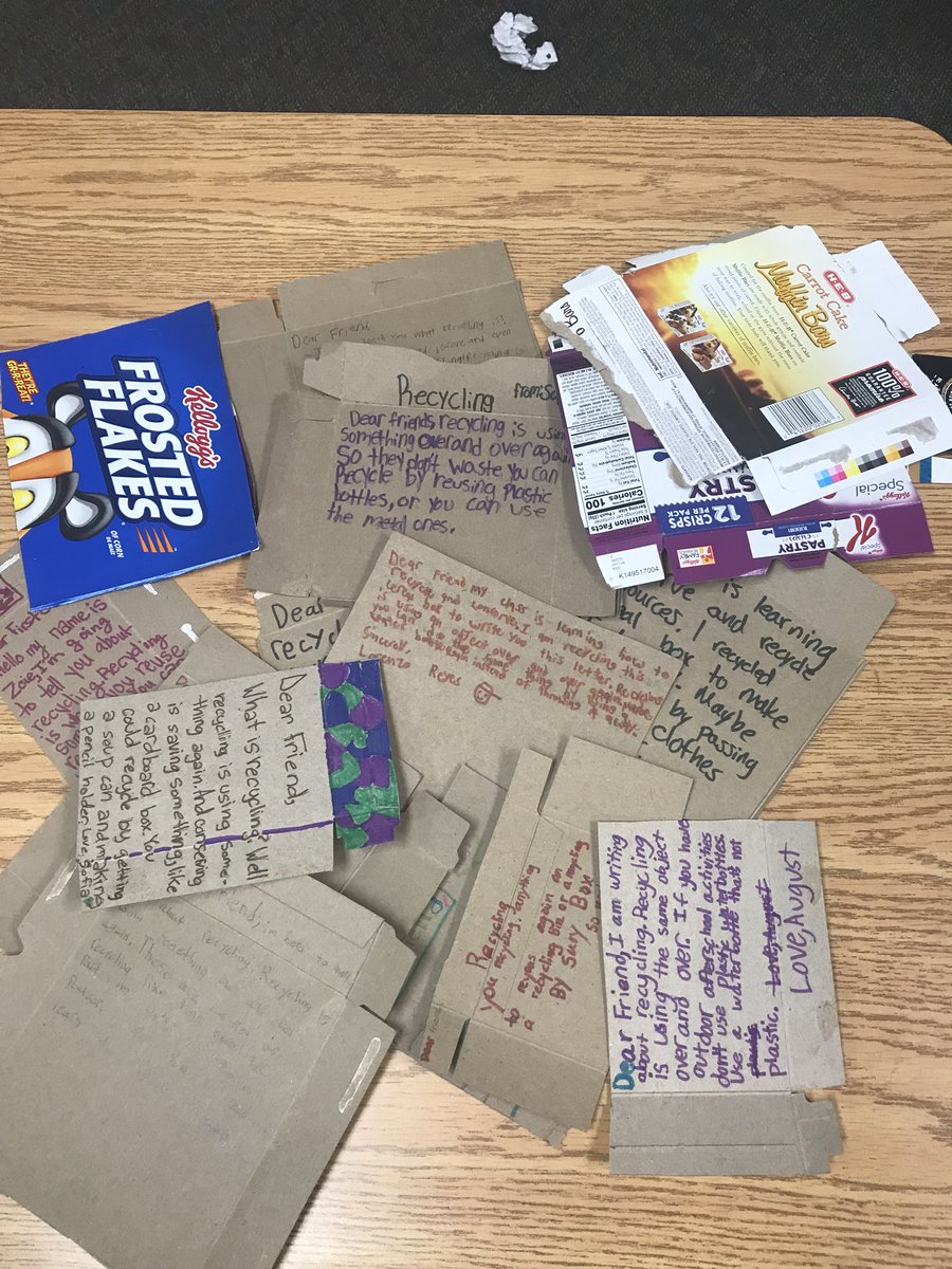 Richmond_Math3's tweet photo. 4th graders wrote letters to 1st grade to teach them about recycling. We used recycled boxes instead of paper. @BrillKISD @KleinISDscience https://t.co/8Ff7Xa6igz