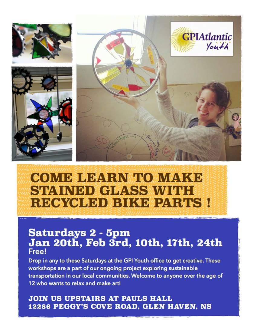MAKE ART OUT OF RECYCLED GLASS AND BIKES! Drop in 2-5pm every Saturday upstairs @ Paul's Hall/ <a href="/gpi_youth/">GPI Atlantic</a> studio on Peggy's Cove Rd. 

more event details on Facebook: facebook.com/events/1454451…