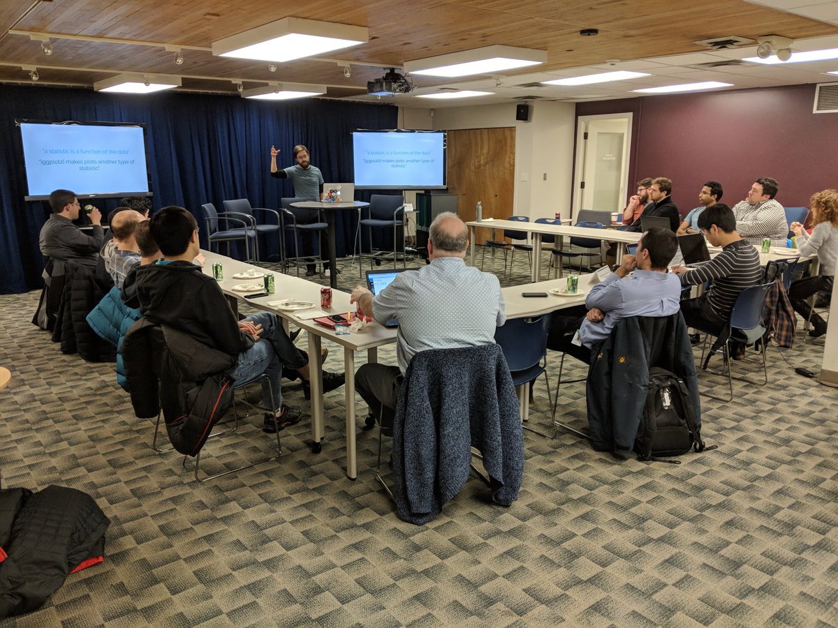 RobWeyant's tweet photo. @ellisvalentiner giving overview of some of the great @rstudio conference talks at @AnnArborRUsers @AnnArborSPARK #rstats https://t.co/dRAL6pJtTj