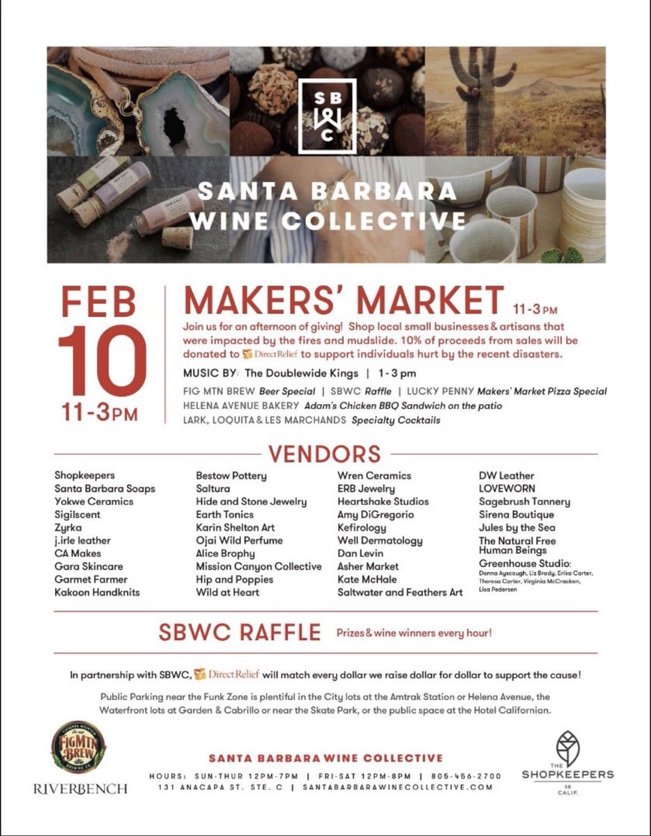 Join us for a day of shopping, music, food &amp; drink supporting local artisans affected by the recent disasters. By providing a welcoming space for these distinctive and diverse talents, Makers' Market hopes to provide an opportunity for them to sell their wares to the public.