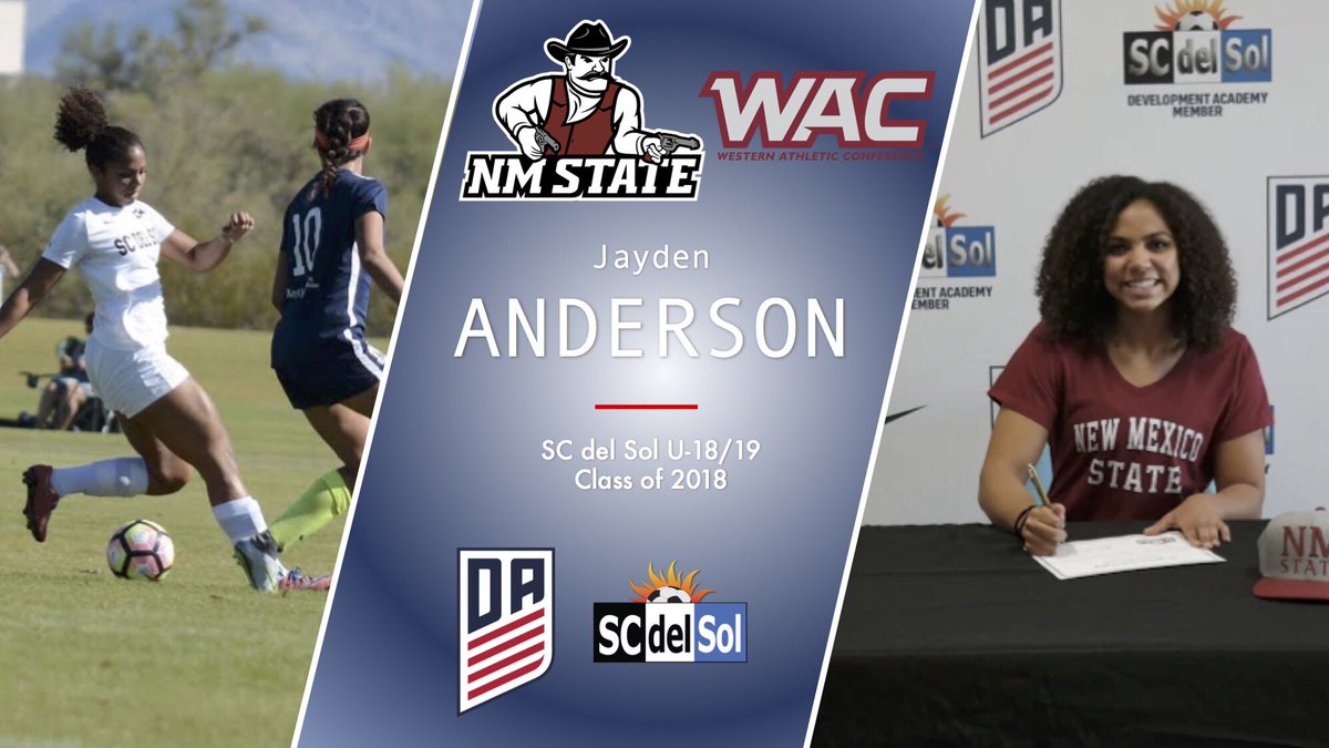 SCdelSol's tweet photo. 📝 Jayden Anderson 
☀️ @SCdelSol 99/00
📚 @nmsu 
⚽️ @NMStateWSOC 
🏫 @WACsports 
••• 
#NationalSigningDay #NSD2018
#ClassOf2018 #SCdelSol https://t.co/uumkZ7GzK1