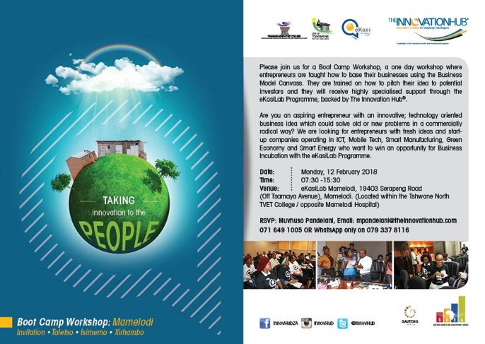 kasibizmahala's tweet image. eKasiLab Mamelodi invites aspiring entrepreneurs and start-up companies in the Smart Industry (ICT, Smart Manufacturing), Bio-Economy, Green Economy or other Innovative Technology to attend a Boot Camp Workshop Session: 

Date: Monday, 12th February 2018
Time: 7h30am - 15h30pm