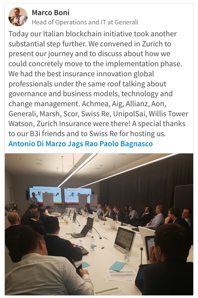 Blckchn_Biz's tweet photo. Insurers and reinsurers doubling in !
Yesterday the B3i group met to move forward on #blockchain solutions for #insurance and #reinsurance
@SwissRe #bitcoin #smartcontracts #ethereum #eth #btc $btc $eth https://t.co/UuBJHiabGj