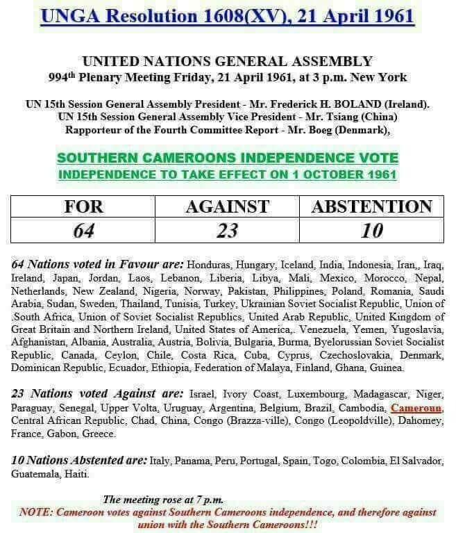 AdamuMbaku's tweet photo. Do the silence of @UN on the genocide in Southern Cameroons, means the UNGA Resolution 1608(XV) was fake? Stand up for SCs and defend your vote if your voted for independence of SCs.@antonioguterres @nikkihaley @RepYvetteClarke @RepSeanMaloney @VP @realDonaldTrump #FreeSCs https://t.co/j4bV0QDgBO