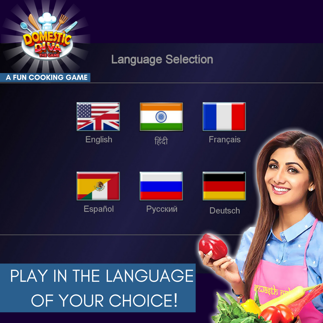 Shilpa Shetty - Domestic Diva Game can be played in 6 different languages! Download the app &amp; get your dose of fun here:  onelink.to/ddiva