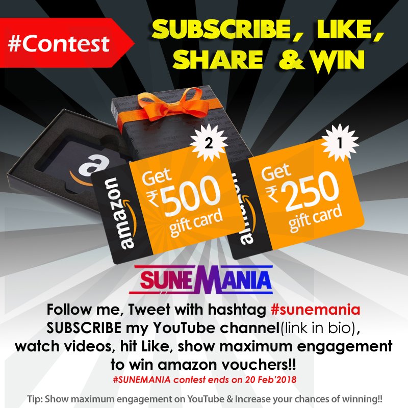 sunEmania's tweet photo. Participate &amp; stand a chance to win Amazon vouchers🔥
Just follow these simple steps:
1) Follow me, RT &amp; Tag friends
2) SUBSCRIBE my YouTube channel https://t.co/4C1HLru2Gr
3) Watch my videos on YouTube, give thumbs-up, comment &amp; share
4) Use hashtag #SUNEMANIA in all your tweets https://t.co/JQa6gKmhMI