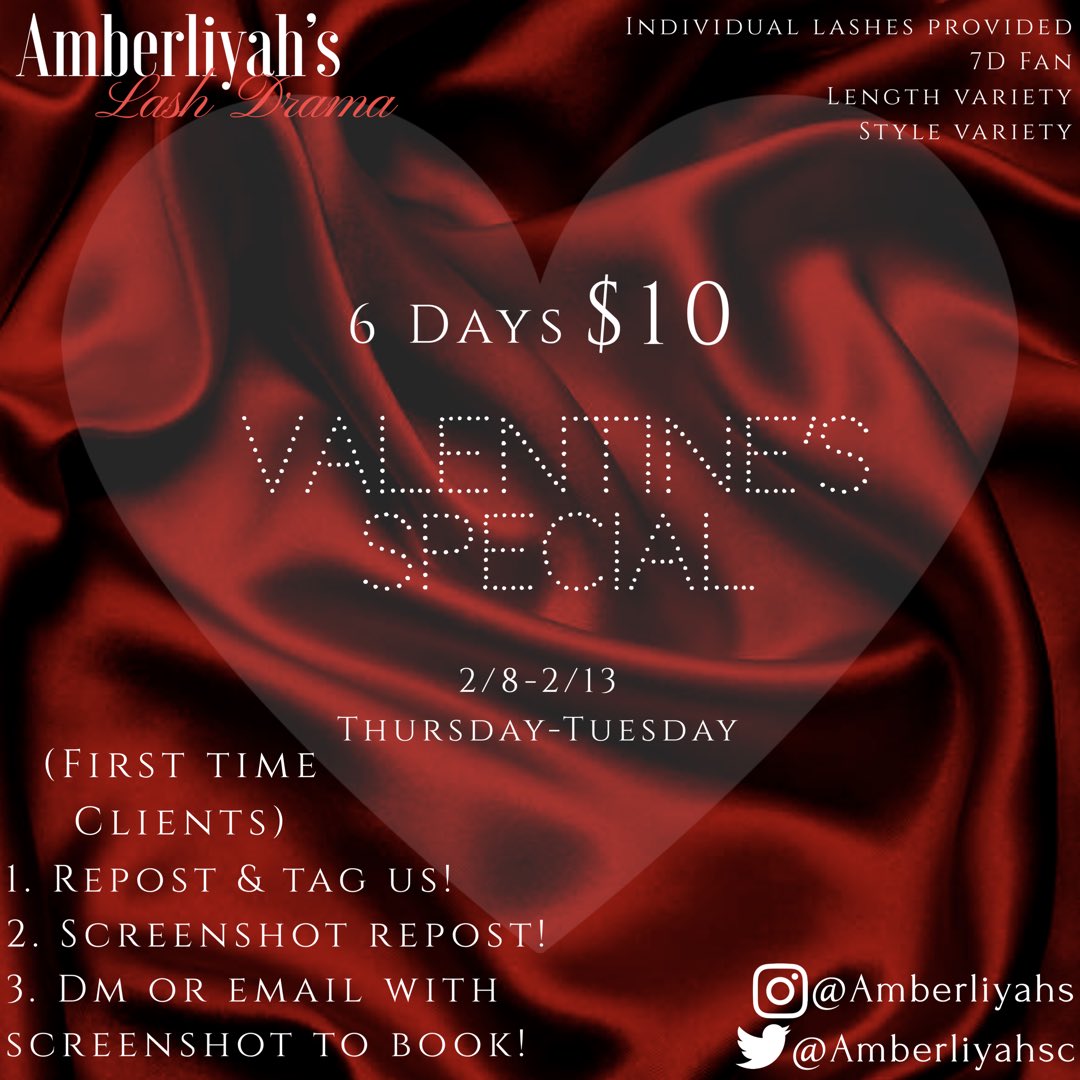 AmberliyahsC's tweet photo. Only Saturday and Sunday openings left!♥️ Book your appointment before all spots fill up!
#AmberliyahsLashDrama 
#ValentineSpecial https://t.co/jWOJtQxr2k
