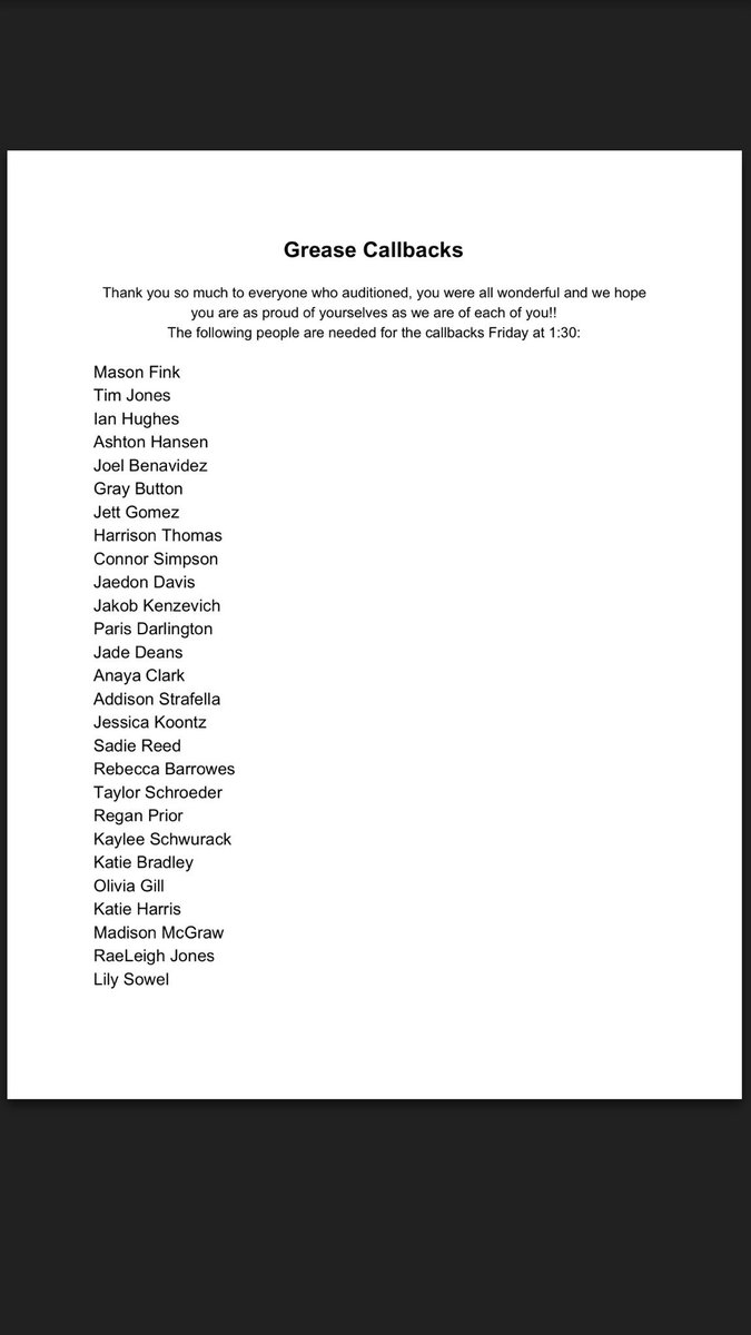 Foothill_Choir's tweet image. Callback list!! Congrats to everyone who got a callback, we’re so proud of everyone who auditioned!!!
