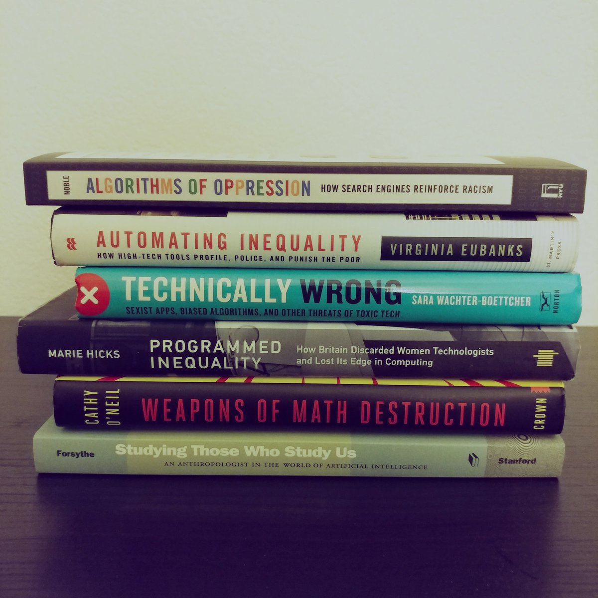 WellsLucasSanto's tweet photo. If you're interested in the interplay between society &amp; tech--how human biases &amp; systems affect how tech is used, how the industry is shaped, and how that affects society back, these are some essential reads. @safiyanoble @PopTechWorks @sara_ann_marie @histoftech @mathbabedotorg https://t.co/1iHHuDPW1Z