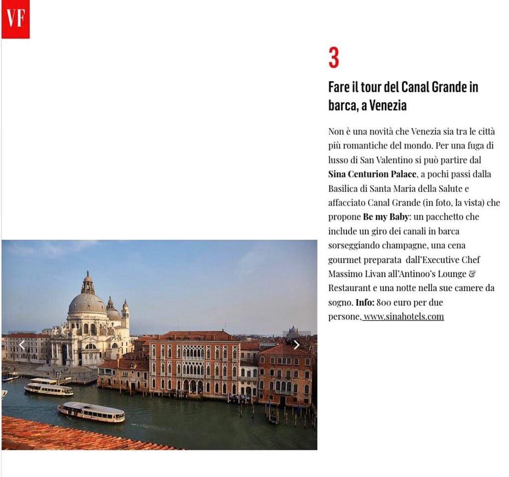 Avete programmi per #SanValentino2018 ? Noi proponiamo una fuga d'amore il taxi di lusso per vedere Venezia dall'acqua e tanto altro ancora... Su Vanity Fair...

vanityfair.it/viaggi-travell…

#SinaCenturionPalace #SanValentino #SinaHotels #VanityFair 
SINA Hotels