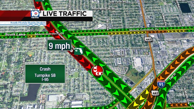Crash on Turnpike SB approaching I-95 #traffic https://t.co/B4YYQfrAGV