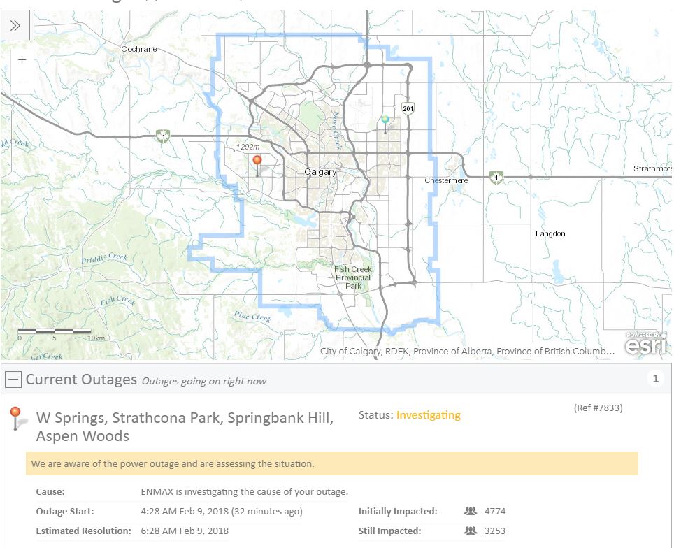 citynewscalgary's tweet image. ENMAX reports a power outage in West Springs, Strathcona Park, Springbank Hill and Aspen Woods. Over 3,000 affected now, ENMAX is assessing the situation #yyc #outage