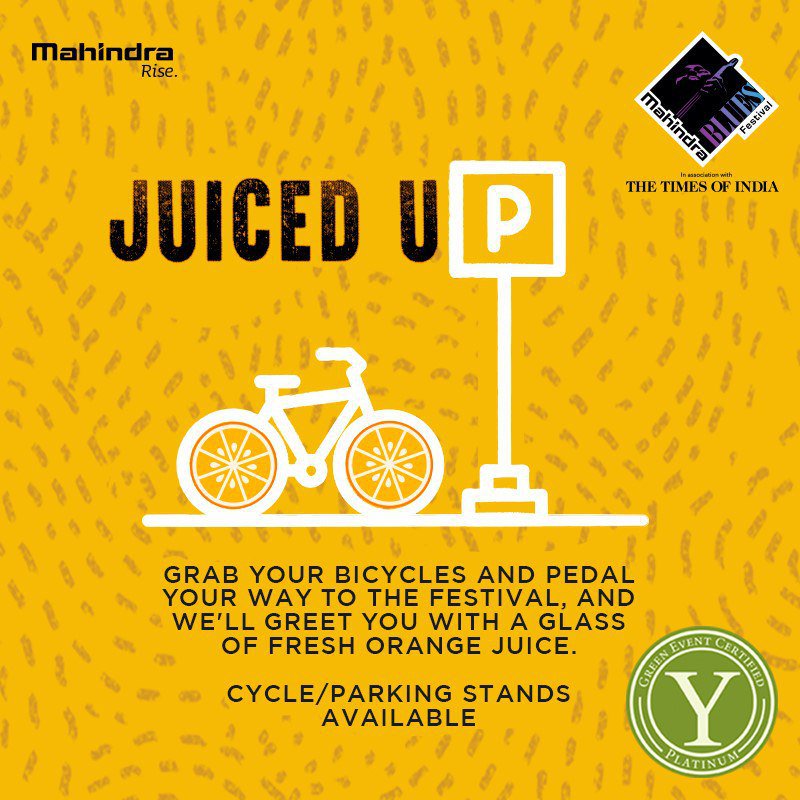 mahindrablues's tweet photo. Tell traffic and pollution to take a hike, grab your bike, and cycle your way to the festival. We've got dedicated cycle/parking stands for you all, and a glass of fresh orange juice waiting for you. You can help us reduce our carbon footprint.
#GoGreen #RoadToMBF2018 #Blues https://t.co/hAHvwqTory