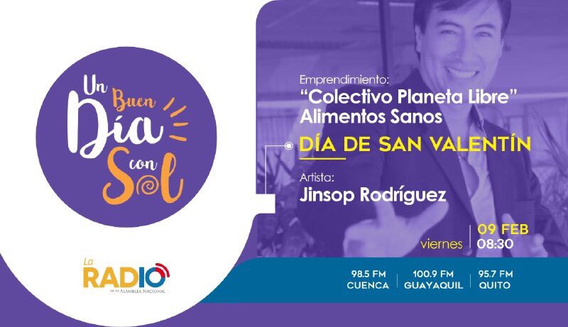 solbuendia's tweet photo. Viernes 08H30 🎤 | En nuestro programa #UnBuenDíaConSol, hablaremos de #SanValentin  y disfrutaremos de #MúsicaRomántica  con #Jinsop.

¡Escúchanos ya mismo!
https://t.co/fpXgypWT9Z 💻 #UnBuenDiaConSol https://t.co/sYlR8LjGnQ