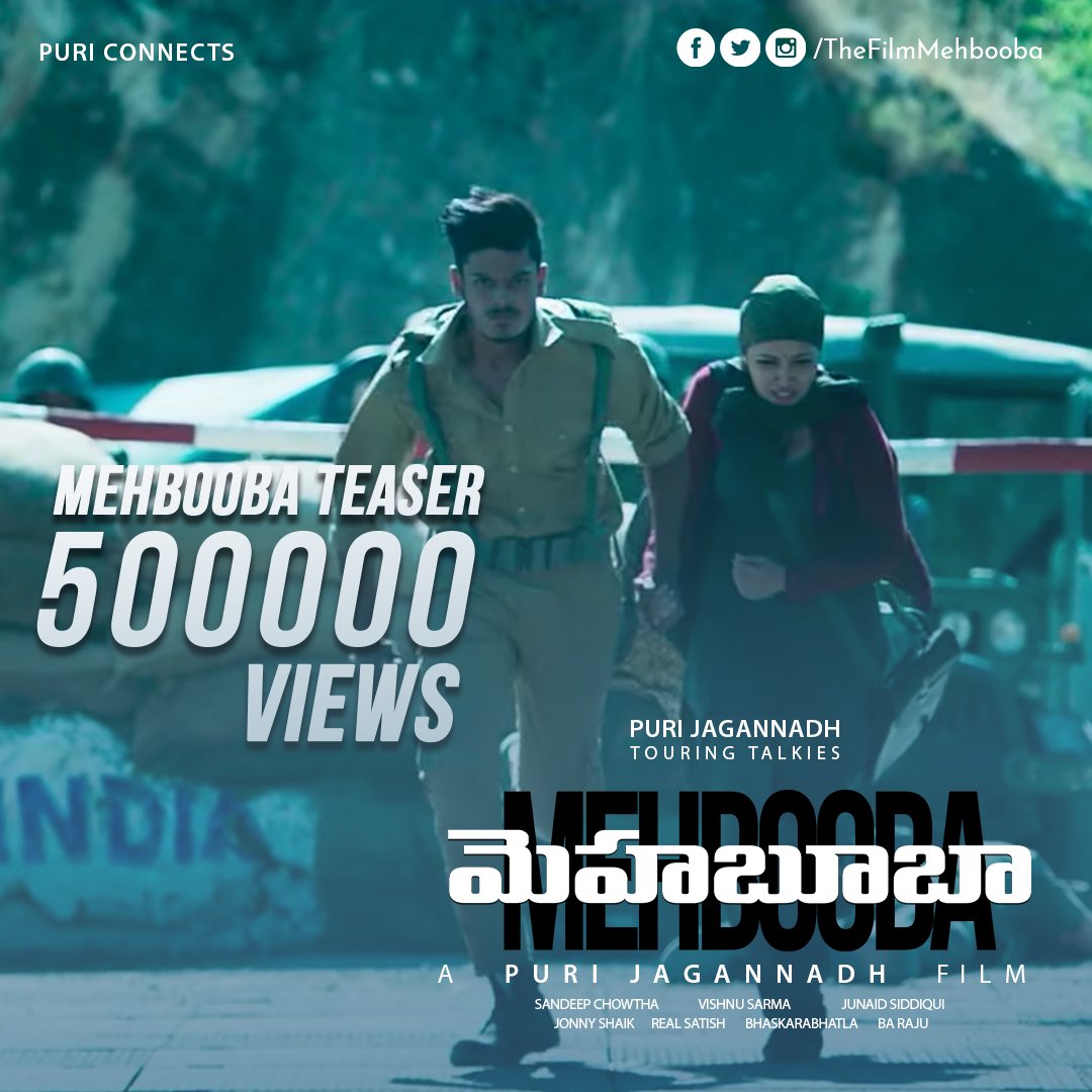 5,00,000+ views for #MehboobaTeaser, Many thanks to everyone the huge response 🙌🙏

goo.gl/oc2hus

#PCfilm 
#Mehbooba
@ActorAkashPuri 
@purijagan 
@PuriConnects 
@Charmmeofficial 
@Sandeep_Chowta 
@JonnyShaik 
 @ActorVishuReddy 
#VishnuSarma
@Neha__Shetty
@anilpaduri