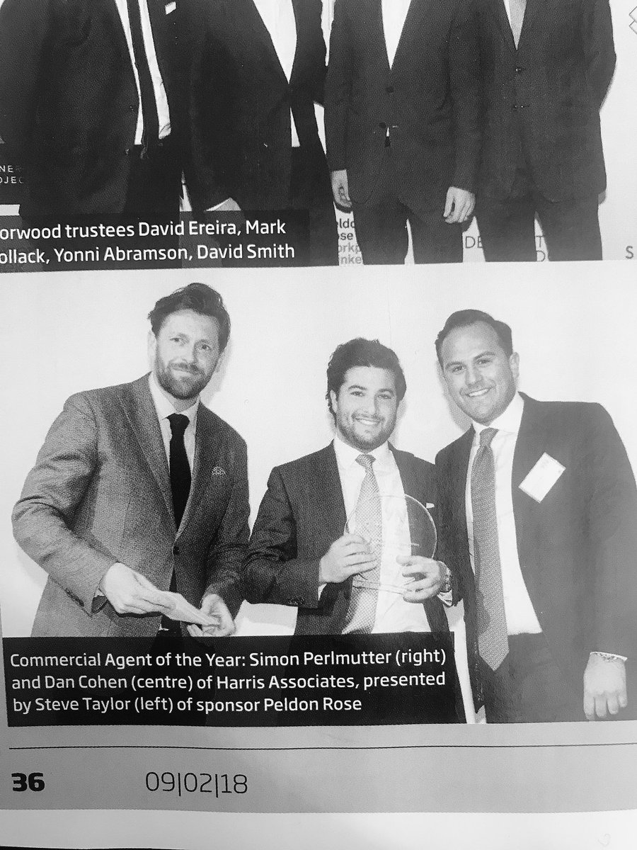 HarrisAprop1's tweet photo. 👏🏻🏢🍾 Well done @Perli1 @dannycohenHA for winning Agents of the Year at the @norwooduk dinner last week! @PropertyWeek @PeldonRose #winners #commercialagentsoftheyear #Norwood #Charity #2018 https://t.co/4hOXFtxXY1