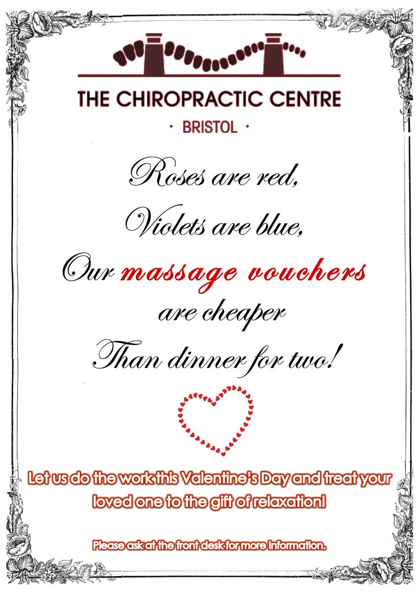 HappyNerves's tweet photo. Check out our special Valentine's Day offer! Treat your loved one to the gift of relaxation and health... and better yet, we do all the work!  #valentinesday #specialoffer #massage #thechirocentre #chocolatesandrosesaresolastyear https://t.co/ZTBFczKlj5