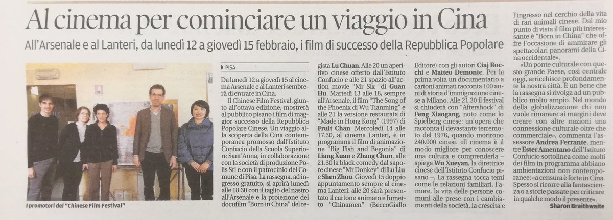 ChinaSantAnna's tweet photo. Si parla di #PisaChineseFilmFestival anche su @iltirreno, articolo di  @rondyne. @TirrenoProvPisa #PCFF2018 Venite a trovarci il 12 febbraio al @arsenalecinema! https://t.co/lJFg21WPF3