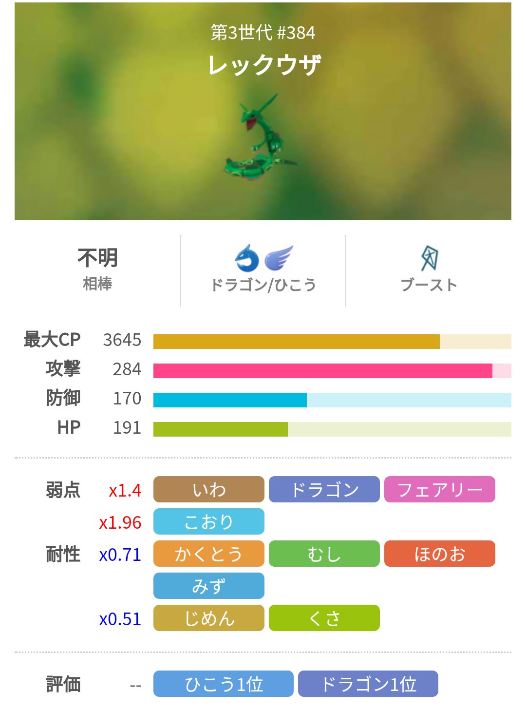 ポケモンgo攻略 みんポケ レックウザの評価 レックウザはドラゴン タイプでは耐久面こそカイリューに劣りますが 火力ではトップの性能を持ち 総合評価ではドラゴンタイプ1位の性能を誇ります 2重弱点 こおり ブースト 強風 T Co