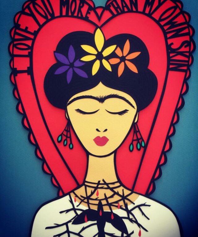 Original hand cut paper collage of Frida Kahlo 'I Love you more than my own skin' #FridaKahlo #frida #papercutter #paperartist #collage available from my studio £100 including vintage teal frame