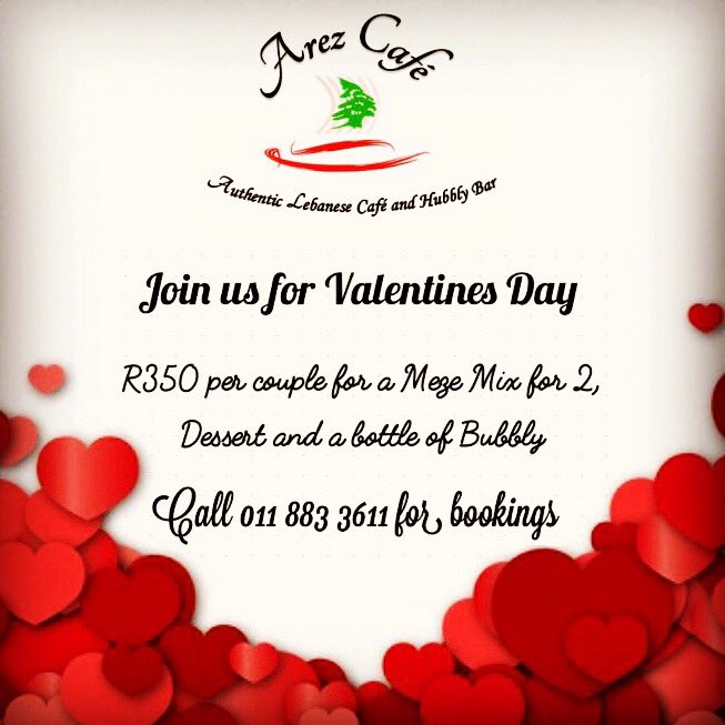 Our Valentines Day special at #ArezCafe ❤️🇱🇧 R350 per couple for our signature Meze Mix for 2, delicious Dessert &amp; a bottle of Bubbly 🥂