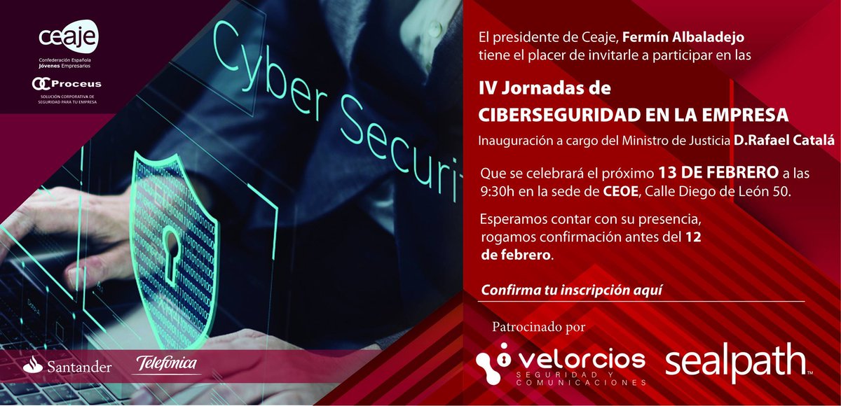 ja_gonzalezruiz's tweet photo. Jornada de #ciberseguridad en la empresa organizado por @CEAJE  y #Proceus patrocinado por @VelorciosGroup y @sealpathtech en @CEOE_ES  . #seguridad #empresa #TransformacionDigital https://t.co/WHJUShd0y6