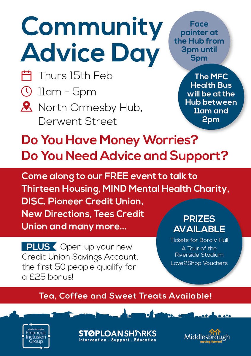 Need advice and support about money? Interested in joining the Credit Union Savings Account? Head to North Ormesby Community Hub for their Community Advice Day! 15 Feb, 11am-5pm