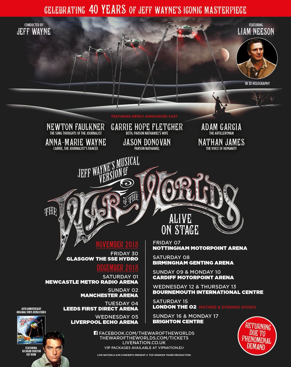 2018 TOUR CAST ANNOUNCEMENT! We're so excited to announce <a href="/JDonOfficial/">Jason Donovan</a>, <a href="/CarrieHFletcher/">Carrie Hope Fletcher</a> <a href="/ThatAdamGarcia/">Adam Garcia</a> <a href="/NewtonFaulkner/">Newton Faulkner</a> <a href="/TheNathanJames/">Nathan James</a> and <a href="/AnnaMarieWayne/">Anna-Marie Wayne</a> will be joining the 40th celebrations on TWOTW 2018 Tour! On sale NOW! thewaroftheworlds.com/tickets #TWOTWTour2018 #TWOTWis40