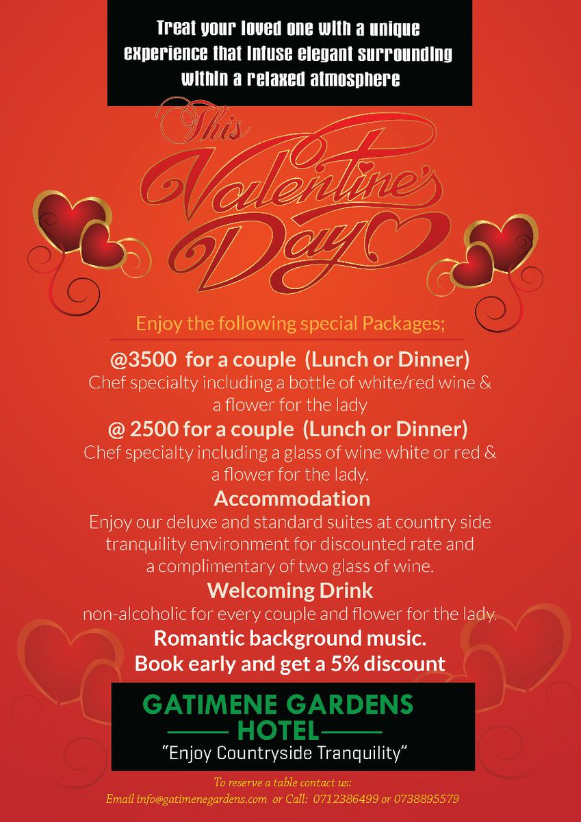 Gatimene's tweet photo. Vantine week is just around the corner and we have set up a special package just for you and loved one.
For early booking call 0712386499 https://t.co/drpO847f0E