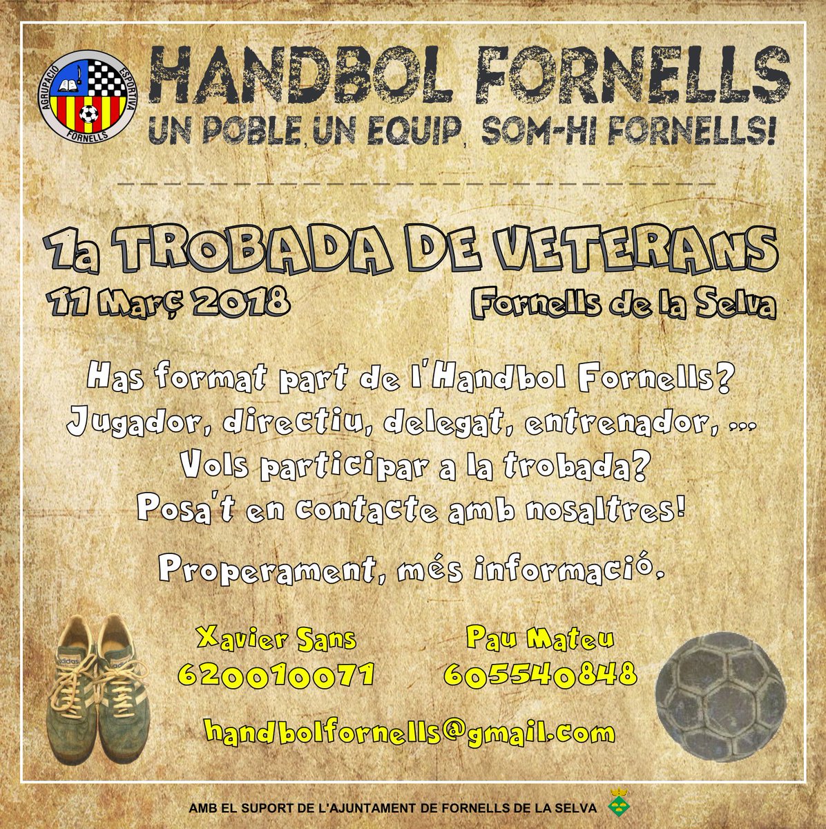 HandbolFornells's tweet photo. Vols participar a la Trobada?
Posa't en contacte amb nosaltres.
#handbol #aefornells #fornellsdelaselva #unpobleunequipsomhifornells @aefornells @fornells_cat https://t.co/BFMYZSwo8D