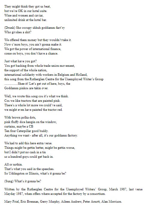 Occupation1987's tweet photo. The lyrics to 'Caterpillar Talking Blues' which was written by the Rutherglen Drama Group to support the factory occupation during 1987. From 'Workers City' <https://t.co/xMixS0SO3u>. https://t.co/wdQBwIRYzn