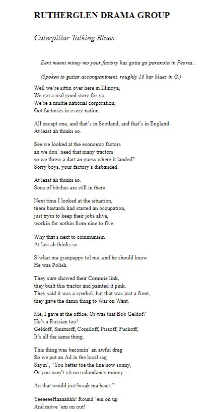 Occupation1987's tweet photo. The lyrics to 'Caterpillar Talking Blues' which was written by the Rutherglen Drama Group to support the factory occupation during 1987. From 'Workers City' <https://t.co/xMixS0SO3u>. https://t.co/wdQBwIRYzn