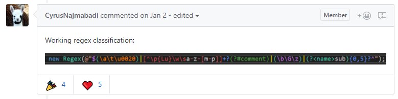 matthewwarren's tweet image. It would be very cool if either of these 2 features landed in Roslyn and Visual Studio. Full Colorization, Highlighting, Syntax Errors, Fixes and Suggestions for JSON and Regex strings! 
github.com/dotnet/roslyn/… github.com/dotnet/roslyn/…