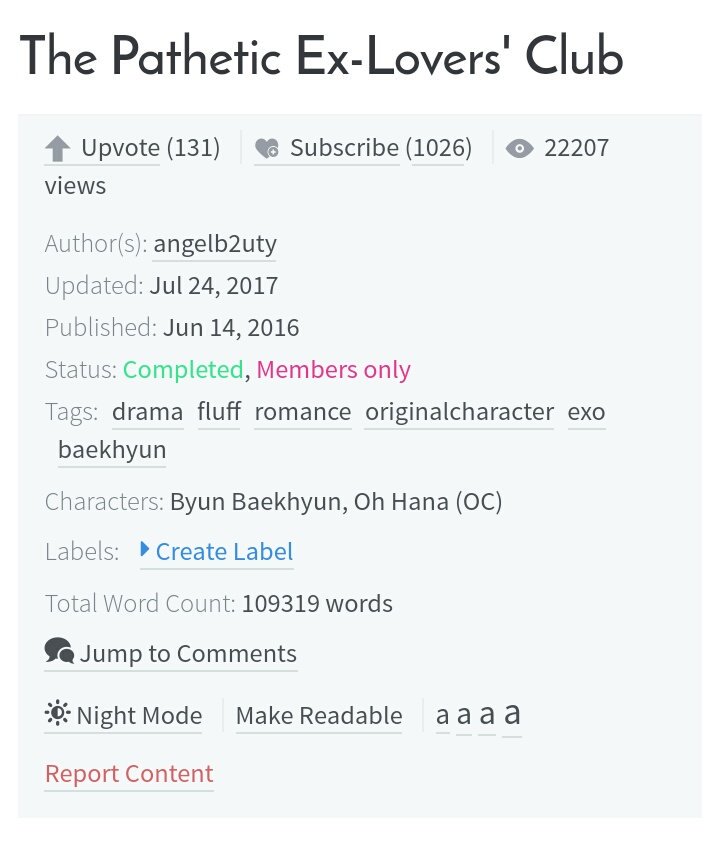 The Pathetic Ex-Lovers'ClubCompletedRomanceBaekhyun x OCIts worth to read :"))  http://www.asianfanfics.com/story/view/1138561/the-pathetic-ex-lovers-club-drama-fluff-romance-originalcharacter-exo-baekhyun