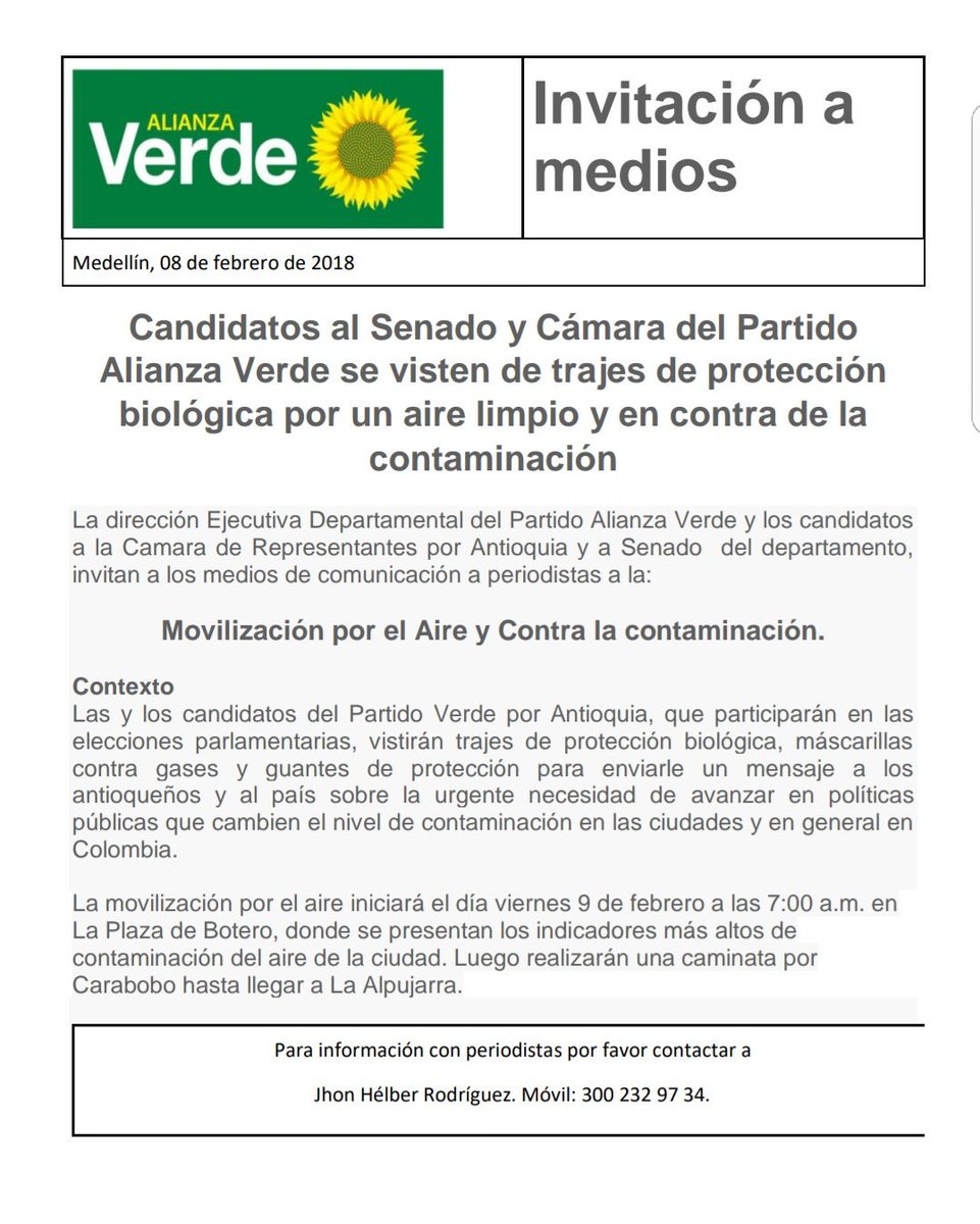 JhonHelber's tweet photo. #InvitaciónAMedios 
El Partido Alianza Verde en Antioquia y sus candidatos a la Cámara de Representantes y Senado invitan a la 
Movilización por #ElAire 
@Telemedellin @Teleantioquia @elmundomedellin @elcolombiano @ADNMedellin @CaracolRadio @BluMedellin @rcnradio https://t.co/dybKInU2AV