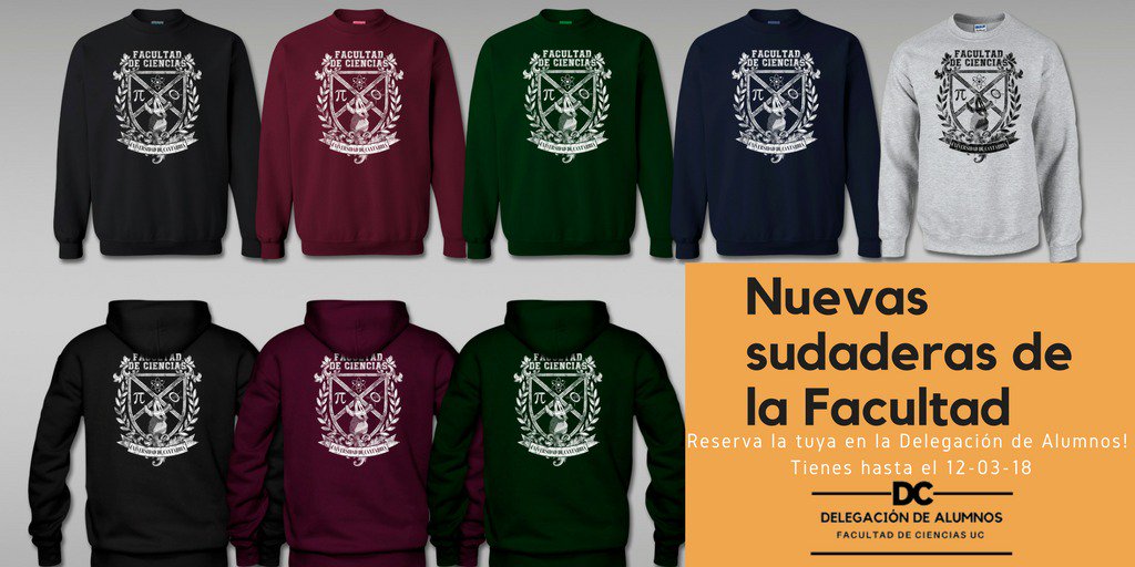 Delegación de Ciencias al Twitter: "Nuevas sudaderas la facultad, disponibles en 5 colores. Los precios son: 15€ sin gorro y con gorro. Reserva hasta el 12 de ¡Pásate a