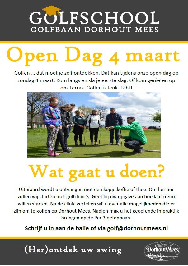 Golfen … dat moet je zelf ontdekken. Dat kan tijdens onze open dag op zondag 4 maart. Kom langs en sla je eerste slag. Of kom genieten op ons terras. Golfen is leuk. Echt!