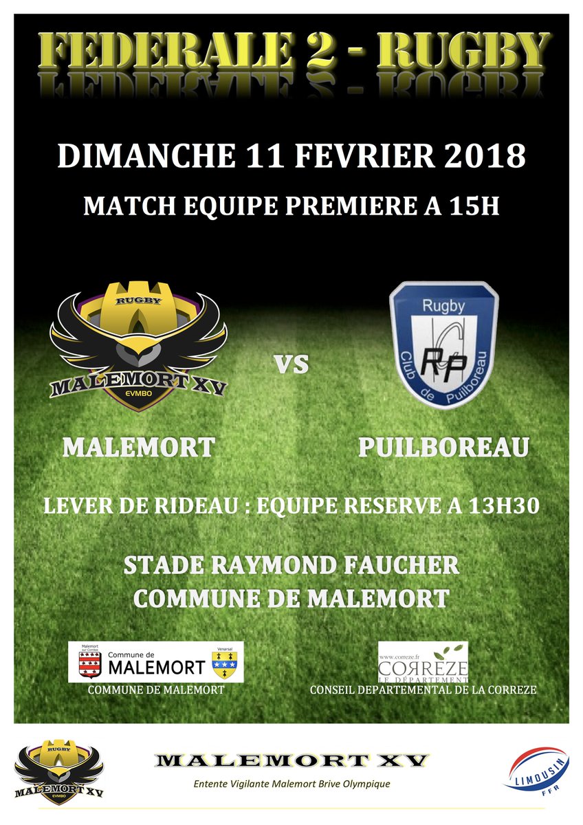 VilledeMalemort's tweet image. Ce we à #Malemort :
ven 19h, tournoi de #Squash aux Escures ⚫️
sam 10h-18h30, expo des Amis d’Athéna à Fréchinos 🎨
sam 14h, présentation des Chars du @cfmalemort aux Châtaigniers 🤡
sam 20h30, loto de @MalemortXV halle Brassens #Brive 🔢
dim 15h, @MalemortXV/#Puilboreau 🏉