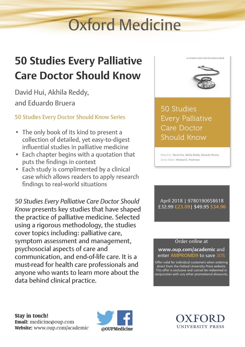 "50 Studies Every Palliative Care Doctor Should Know" by <a href="/DrDavidHui/">David Hui</a> <a href="/edubru/">Eduardo Bruno</a> and <a href="/Reddysuppcare/">Akhila Reddy M.D.</a> Chapter authors include @ctsinclair <a href="/arifkamalmd/">Arif Kamal MD, MBA, MHS</a> <a href="/tomleblancMD/">Thomas LeBlanc, MD, MA, MHS, FAAHPM, FASCO</a> @MDRoeland <a href="/DonnaZhukovsky/">Donna S Zhukovsky MD</a> <a href="/shalini_dalal/">Shalini Dalal</a> and others. A 30% discount flyer attached for our #HPM and #Pallonc colleagues.