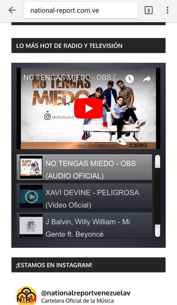 obsmusica's tweet photo. En @nationalreportv estamos entre los temas mas #HOT de #radio y #tv de la semana, gracias por el apoyo de todos los medios de comunicacion de #Venezuela y el gran trabajo de @Moreceli https://t.co/c4gvjloSF8