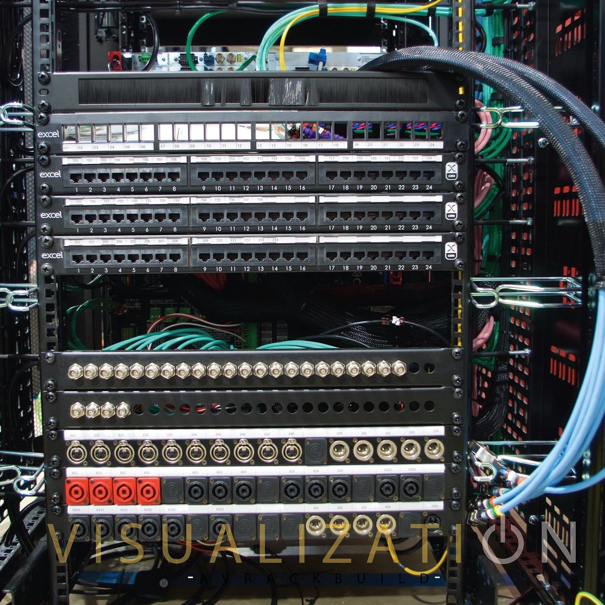 VisualizationAV's tweet photo. A close up rear elevation from a recent commercial rack build including @excelnetwork patch panels, @pennelcomonline BNC & #neutrik XLR panels #avrackbuild #commercialrackbuild #rackintegration #racksystem #network #patchpanel #cablemanagment #rackinstallation #ukbusiness https://t.co/zEBsYW5mpm