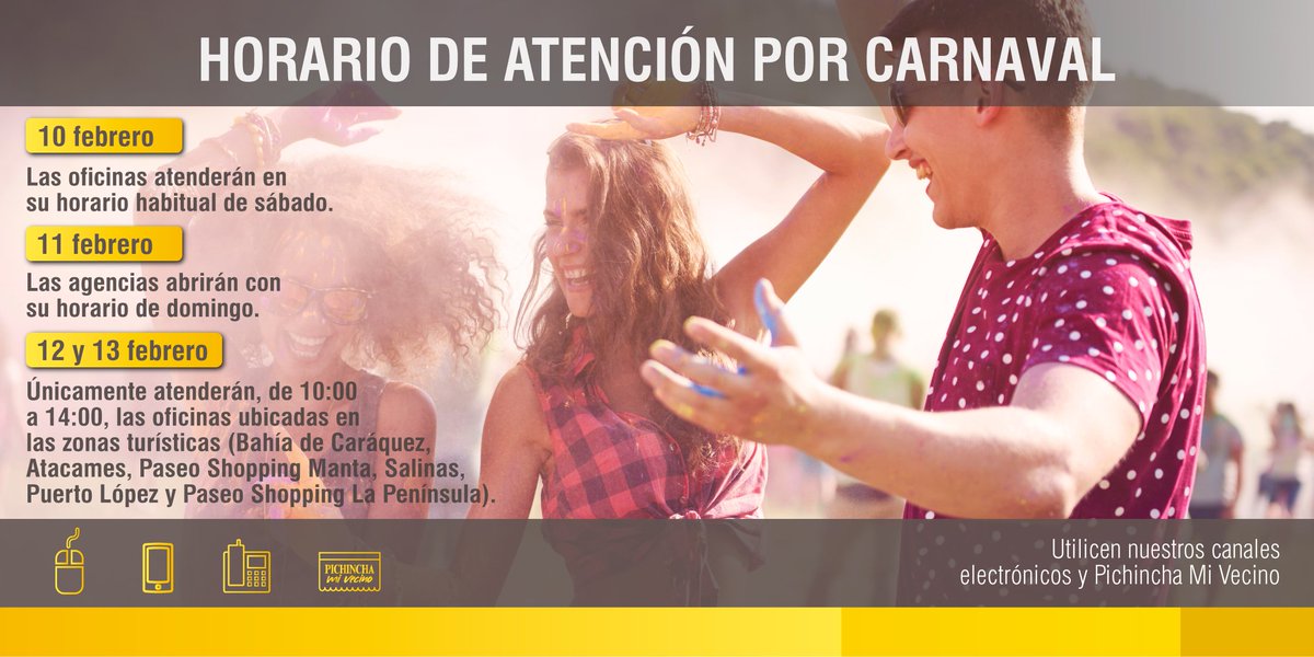 BancoPichincha's tweet photo. ¿Listos para este laaaargo feriado? Antes, revisen nuestros horarios de atención para estos días. ☟ #AlertasPichincha https://t.co/kHr3zeHVqZ