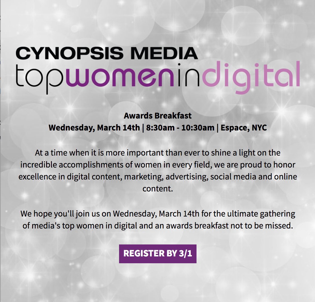 CynopsisMedia's tweet image. It’s official 📣 We’ve announced the 2018 Cynopsis Top Women in Digital Honorees! Check out this stellar group for women + register for the most inspiring event you’ll attend all year. [cynopsis.com/events/2018-to…]