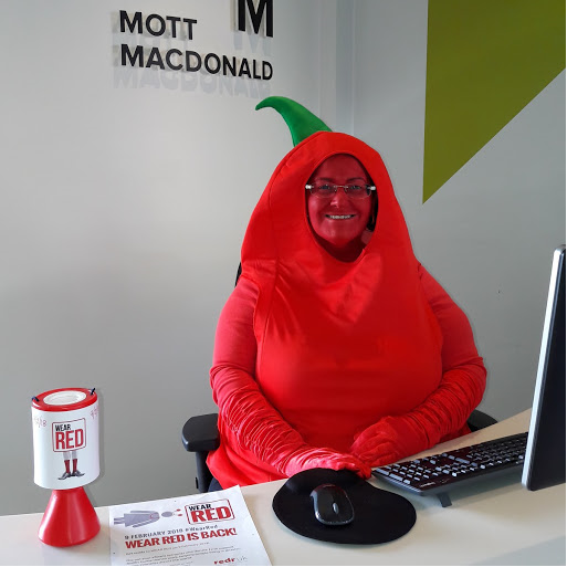 RedRUK's tweet photo. Remember to send in your nominations for our #WearRed competitions! Estrela at the @MottMacLife #Southampton office is a strong contender for red-iculous outfit- can you beat her?🌶️🌶️🌶️🌶️🌶️ #charity #fundraising #humanitarian #ngo https://t.co/AgsnYQarot