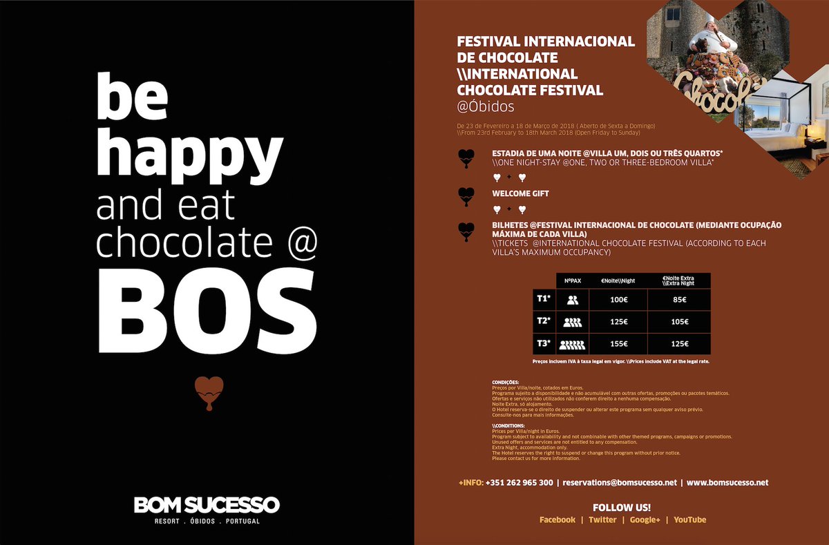 Os dias gulosos estão a chegar!🍫🍫🙌🏻 
 \\Delicious days are coming! 🍫🍫🙌🏻 

Marque já! \\Book now!
+351 262 965 300 | reservations@bomsucesso.net

#festivalchocolate #Obidos #chocolate #bomsucesso #resort #sweet #weekend